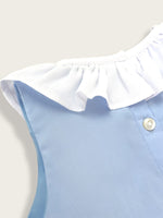 Little Collins Clothing two piece set for girls containing light blue top with white frill and white frilled bloomers back view of buttons