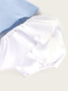 Little Collins Clothing two piece set for girls containing light blue top with white frill and white frilled bloomers close up of bloomers