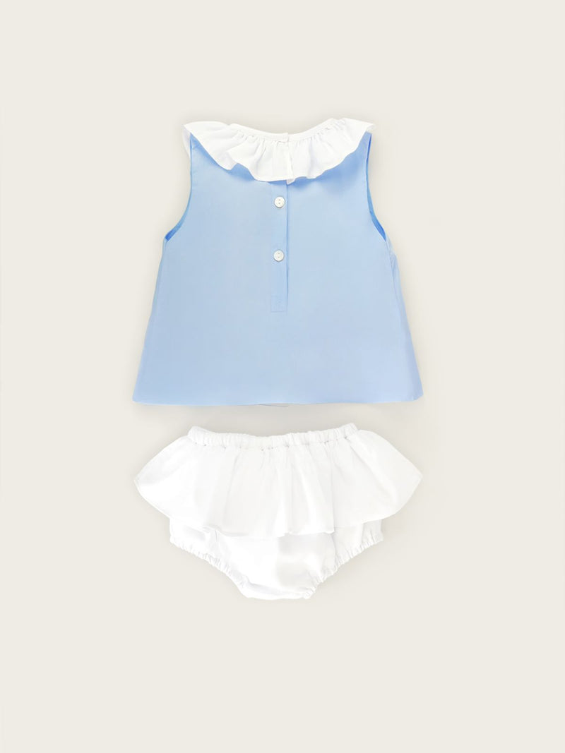 Little Collins Clothing two piece set for girls containing light blue top with white frill and white frilled bloomers back view