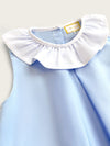 Little Collins Clothing two piece set for girls containing light blue top with white frill and white frilled bloomers close up view of frill