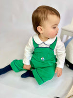 Hand Embroidered Sailboat Green Corduroy Overalls with Navy Trim (9M-4Y)