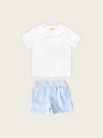 Little Collins Clothing Nautical Boy 2 Piece Set with white double breasted button up shirt and blue and white striped shorts front view