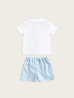 Little Collins Clothing Nautical Boy 2 Piece Set with white double breasted button up shirt and blue and white striped shorts back view