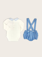 Baby boy set with white bodysuit Peter Pan blue check collar with blue corduroy bloomer