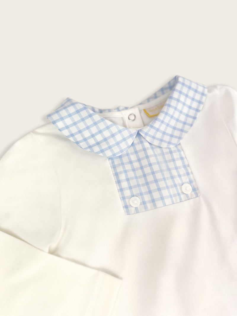 Baby boy bodysuit with blue check Peter Pan collar and front bib detailing