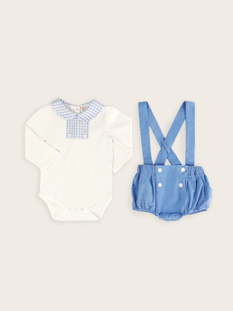 White bodysuit for baby boys with blue corduroy bloomer