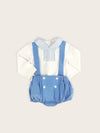 Baby boy set with white bodysuit with blue corduroy bloomer