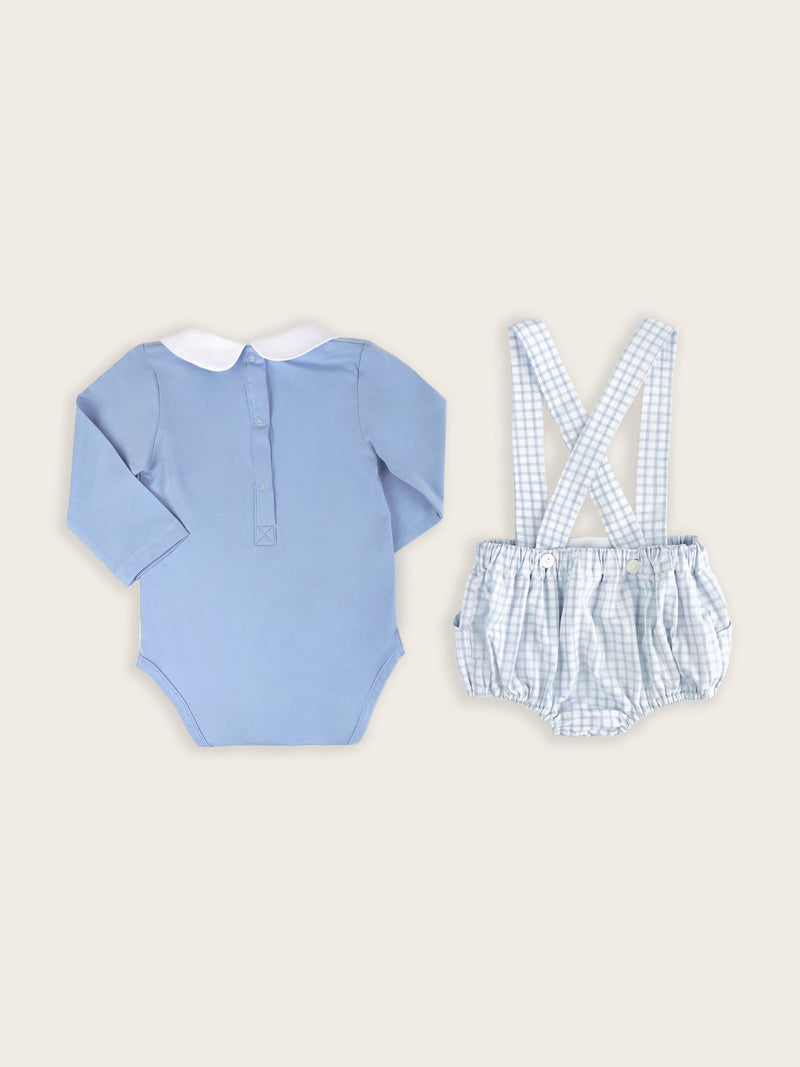 baby boy set blue bodysuit with check bloomer rear view