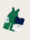 Green corduroy overalls matched with blue cardigan and white bodysuit featuring blue piping on the collar.