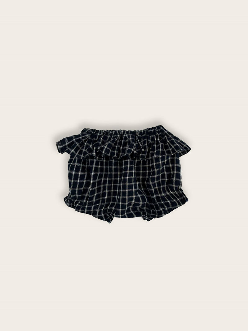 Baby girl french navy check bloomers with a frill on the back rear view