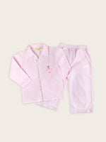 Pink and white striped long sleeve pyjamas with a ballerina embroidered onto the front pocket.