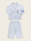 Boys blue and white striped long sleeve pyjamas with danish soldier full view.