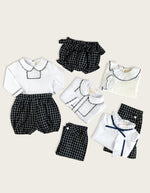 Our Little Collins Clothing navy French check collection for boys and girls 