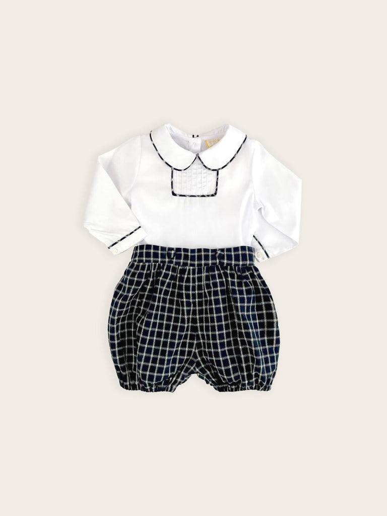 French navy check baby boy bloomers with a peter pan collared shirt featuring check piping 