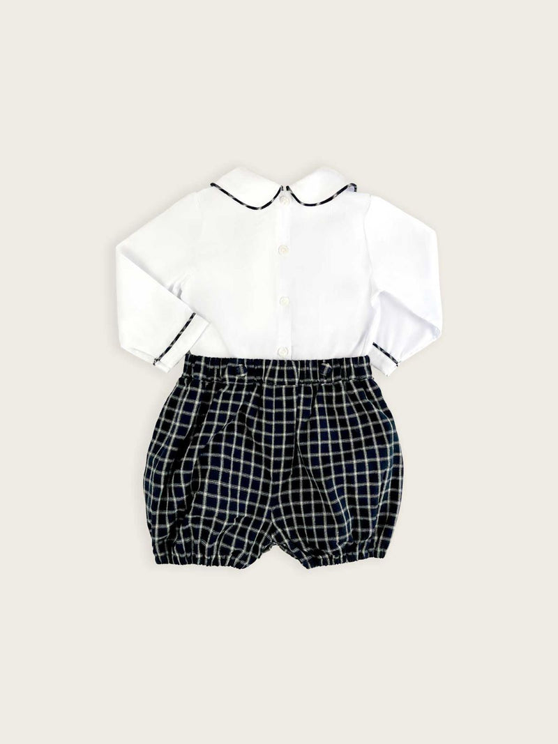 French navy check baby boy bloomers with a peter pan collared shirt featuring check piping rear view