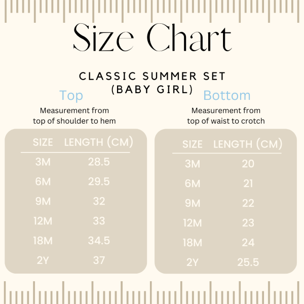 Little Collins Clothing two piece set for girls containing light blue top with white frill and white frilled bloomers size chart