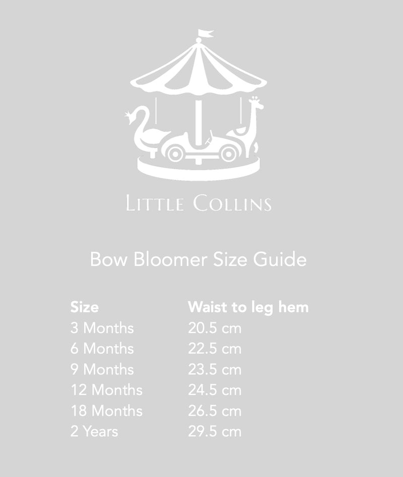 Bow Bloomer Marine Blue Children's Pants Sizing Chart 3 months to 2 years