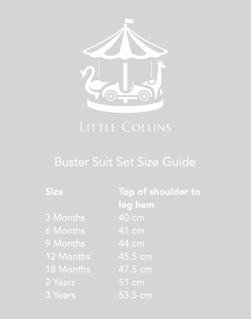 Buster Suit Set - White and Marine Blue Sizing Chart 3 months to 3 years