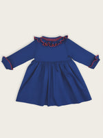 Hand Smocked Double Breasted Pique Dress in Marine Blue and Red (3M-6Y)