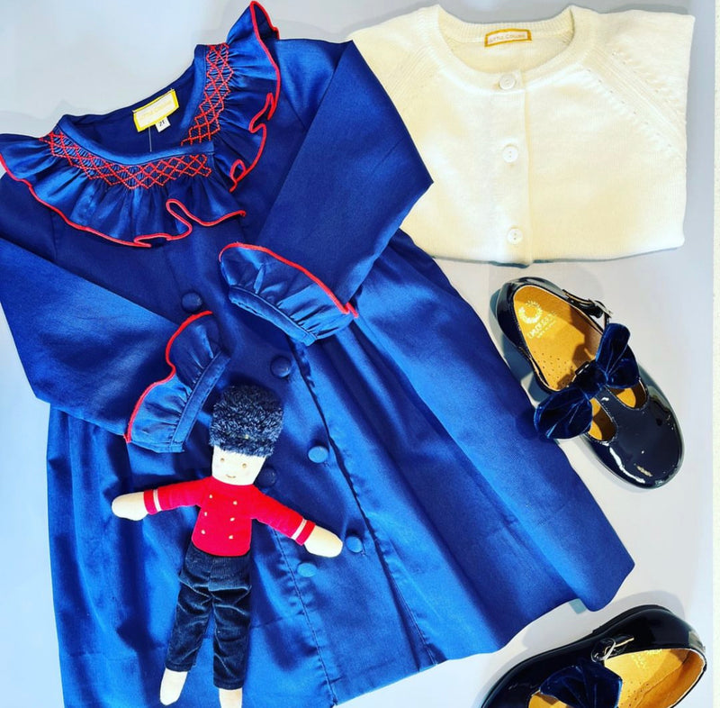 Hand Smocked Double Breasted Pique Dress in Marine Blue and Red (3M-6Y)